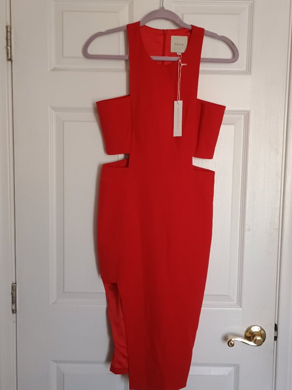 NWT Michelle Mason Red Crew Neck Sleeveless Midi Dress w/ Cutout Accents Size 2